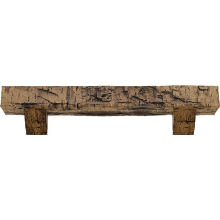 Ekena Millwork Hand Hewn Faux Wood Fireplace ManteL w/Breckinridge Corbels, NaturaL Golden Oak, 8"H x 10"D x 72"W MANUHH08X10X72BKNG